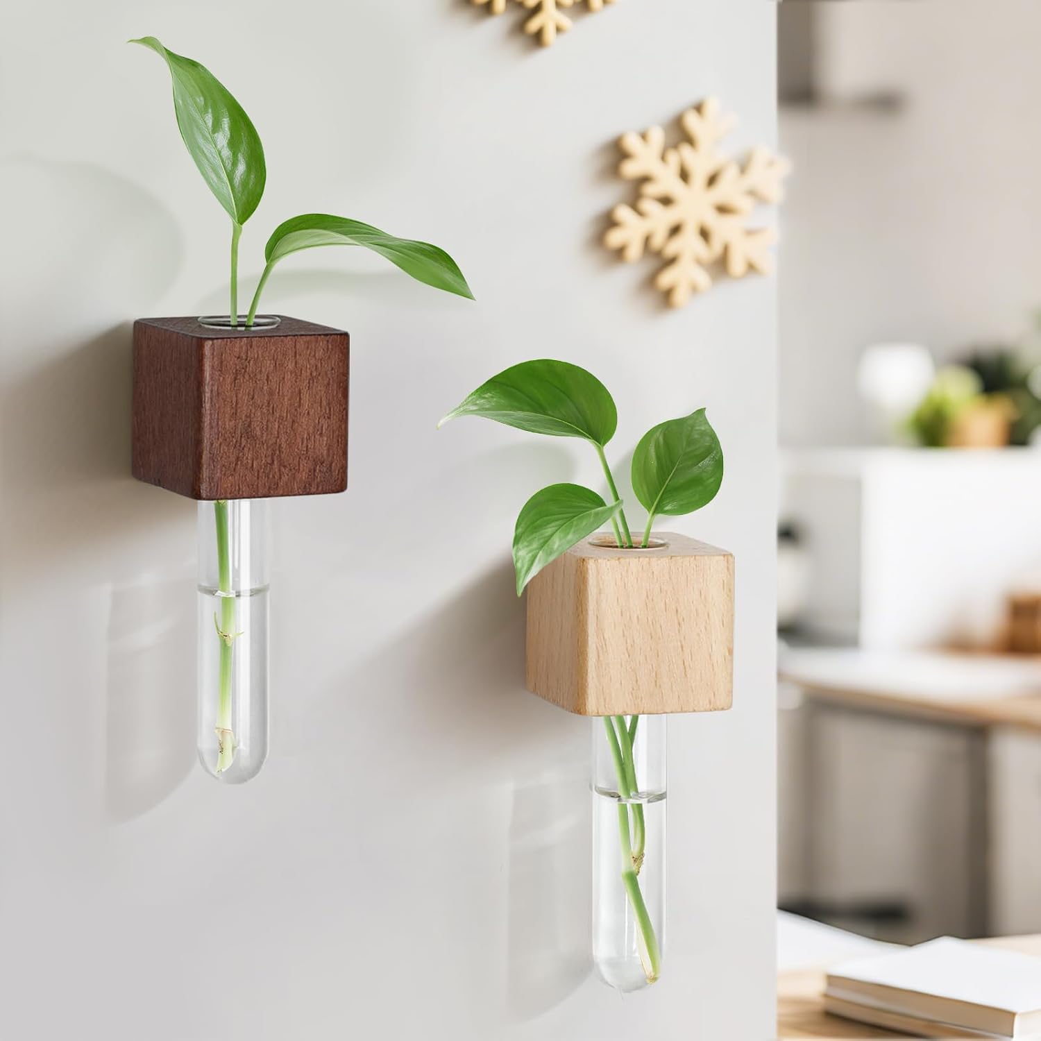 Magnetic Test Tube Flower Vases – Wooden Fridge Planters with Glass Tubes